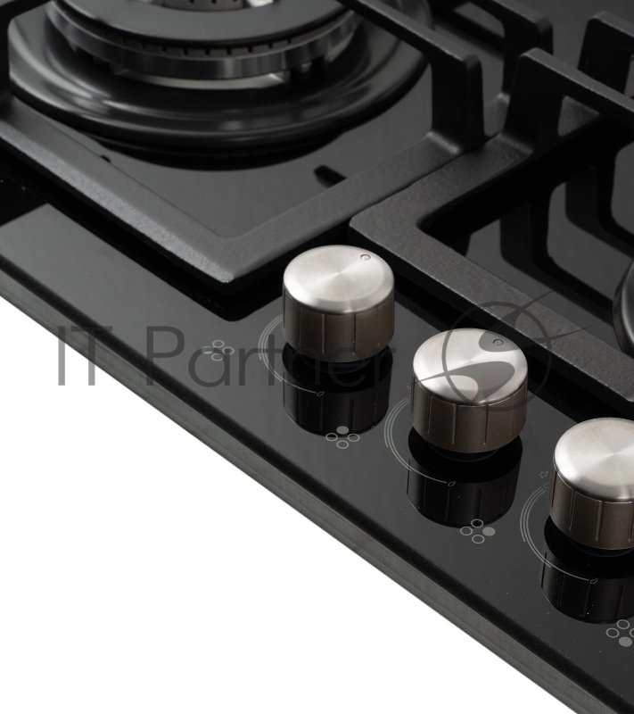 Газовая варочная поверхность закалённое стекло, Ширина 60 см, 4 газовые конфорки, 1 экономичная конфорка (0,9 кВт), 2 стандартные конфорки (1,7 кВт), 1 ВОК конфорка(3,5 кВт), Автоподжиг, Чугунные решетки, Жиклёры для баллонного газа, Газ-контроль, Цв