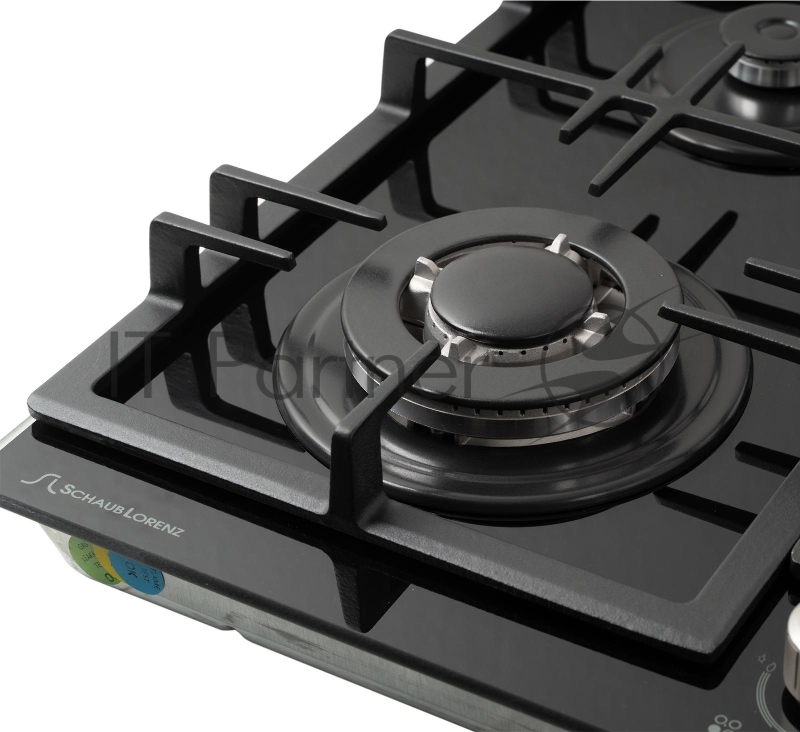 Газовая варочная поверхность закалённое стекло, Ширина 60 см, 4 газовые конфорки, 1 экономичная конфорка (0,9 кВт), 2 стандартные конфорки (1,7 кВт), 1 ВОК конфорка(3,5 кВт), Автоподжиг, Чугунные решетки, Жиклёры для баллонного газа, Газ-контроль, Цв