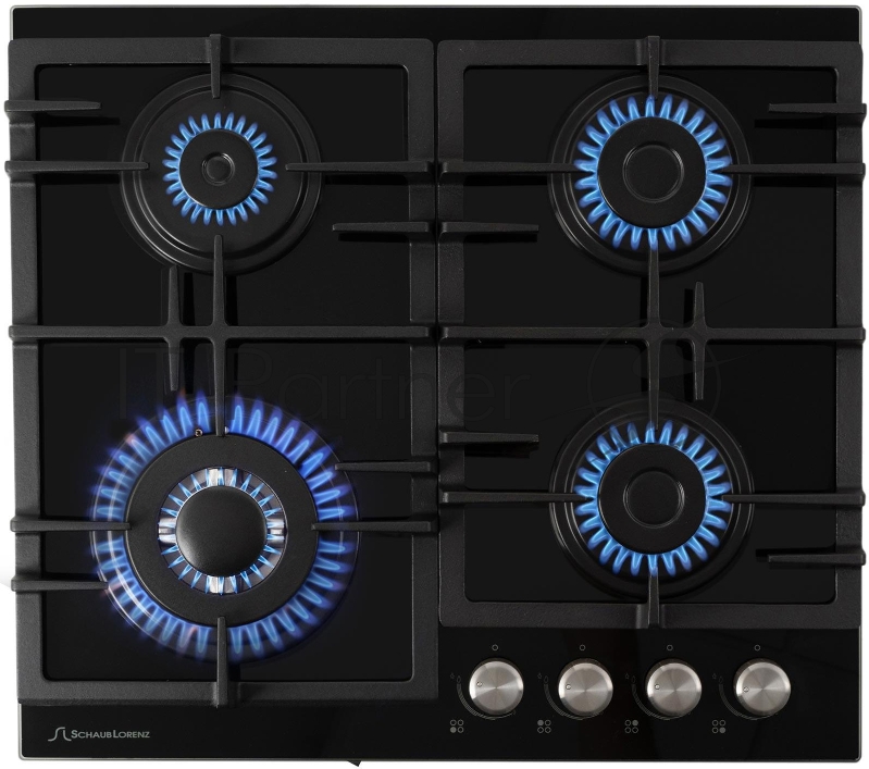 Газовая варочная поверхность закалённое стекло, Ширина 60 см, 4 газовые конфорки, 1 экономичная конфорка (0,9 кВт), 2 стандартные конфорки (1,7 кВт), 1 ВОК конфорка(3,5 кВт), Автоподжиг, Чугунные решетки, Жиклёры для баллонного газа, Газ-контроль, Цв