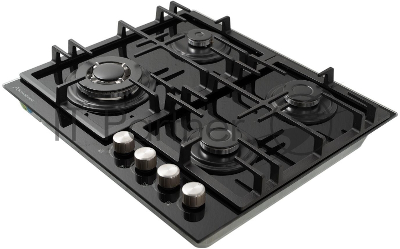 Газовая варочная поверхность закалённое стекло, Ширина 60 см, 4 газовые конфорки, 1 экономичная конфорка (0,9 кВт), 2 стандартные конфорки (1,7 кВт), 1 ВОК конфорка(3,5 кВт), Автоподжиг, Чугунные решетки, Жиклёры для баллонного газа, Газ-контроль, Цв