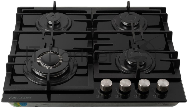 Газовая варочная поверхность закалённое стекло, Ширина 60 см, 4 газовые конфорки, 1 экономичная конфорка (0,9 кВт), 2 стандартные конфорки (1,7 кВт), 1 ВОК конфорка(3,5 кВт), Автоподжиг, Чугунные решетки, Жиклёры для баллонного газа, Газ-контроль, Цв