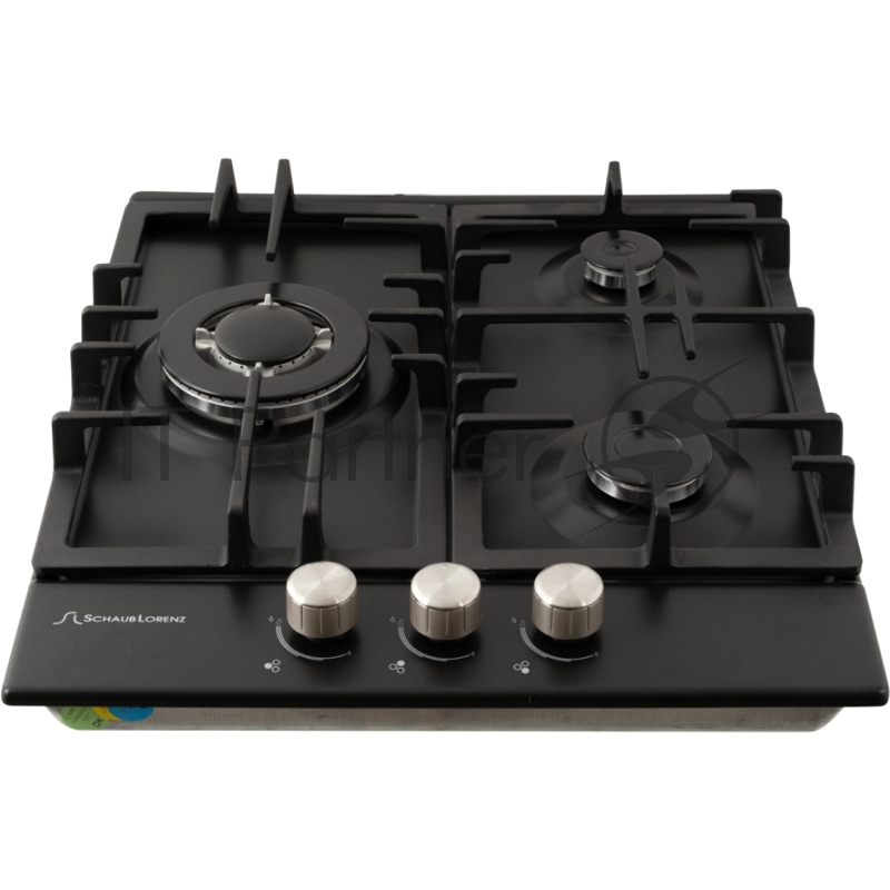 Газовая варочная поверхность металл, Ширина 45 см, 3 газовые конфорки, 1 экономичная конфорка (0,9 кВт), 1 стандартная конфорка (1,7 кВт), 1 ВОК конфорка(3,5 кВт), Автоподжиг, Чугунные решетки, Жиклёры для баллонного газа, Газ-контроль, Цвет: чёрный