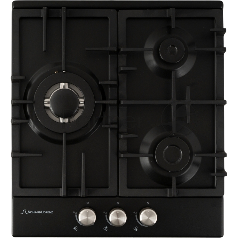 Газовая варочная поверхность металл, Ширина 45 см, 3 газовые конфорки, 1 экономичная конфорка (0,9 кВт), 1 стандартная конфорка (1,7 кВт), 1 ВОК конфорка(3,5 кВт), Автоподжиг, Чугунные решетки, Жиклёры для баллонного газа, Газ-контроль, Цвет: чёрный