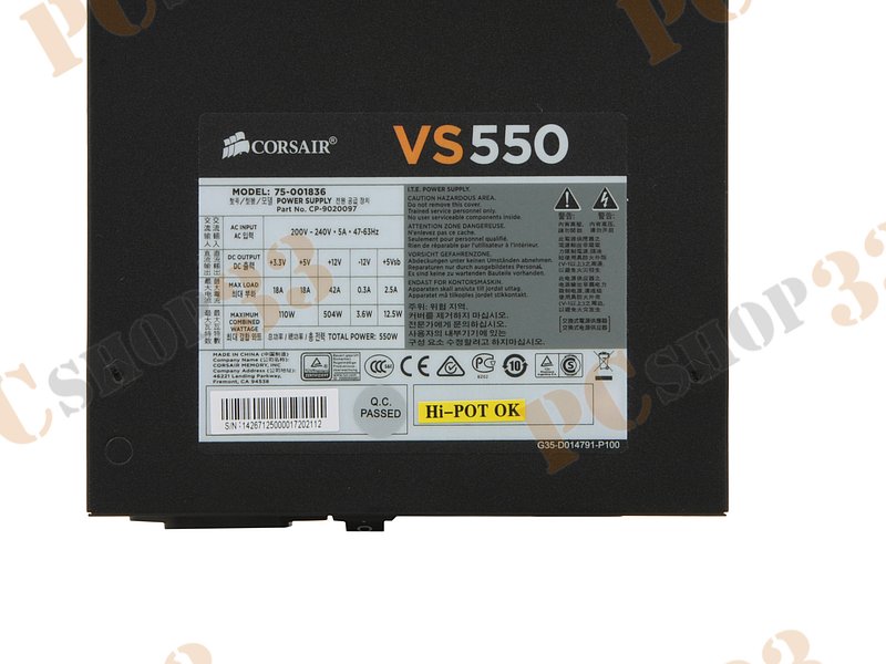 Блок питания 550Вт Corsair VS550 CP-9020097-EU ATX12V V2.3 (20/24+4/8+6/8pin, вентилятор d120мм) + кабель питания EURO (1.5м)