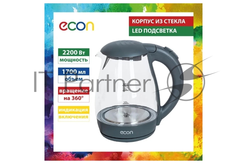 Чайник стеклянный ECO-1739KE, Дисковый нагревательный элемент, Емкость 1,7 литра, Мощность 2200 Вт, LED Подсветка, Фильтр от накипи, Автоматическое отключение при закипании, Защита от включения без воды, Цвет корпуса: графит