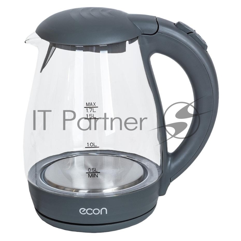 Чайник стеклянный ECO-1739KE, Дисковый нагревательный элемент, Емкость 1,7 литра, Мощность 2200 Вт, LED Подсветка, Фильтр от накипи, Автоматическое отключение при закипании, Защита от включения без воды, Цвет корпуса: графит