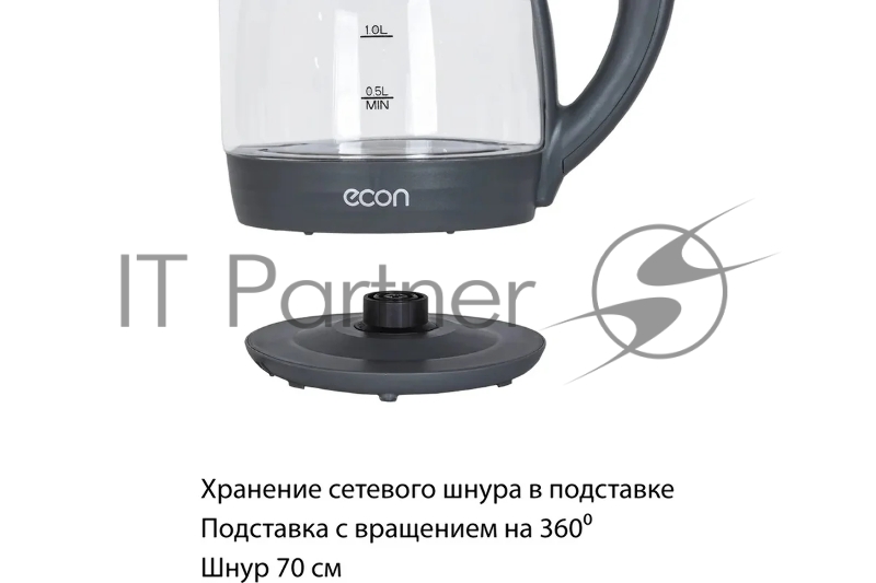 Чайник стеклянный ECO-1739KE, Дисковый нагревательный элемент, Емкость 1,7 литра, Мощность 2200 Вт, LED Подсветка, Фильтр от накипи, Автоматическое отключение при закипании, Защита от включения без воды, Цвет корпуса: графит