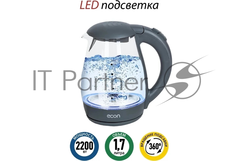 Чайник стеклянный ECO-1739KE, Дисковый нагревательный элемент, Емкость 1,7 литра, Мощность 2200 Вт, LED Подсветка, Фильтр от накипи, Автоматическое отключение при закипании, Защита от включения без воды, Цвет корпуса: графит