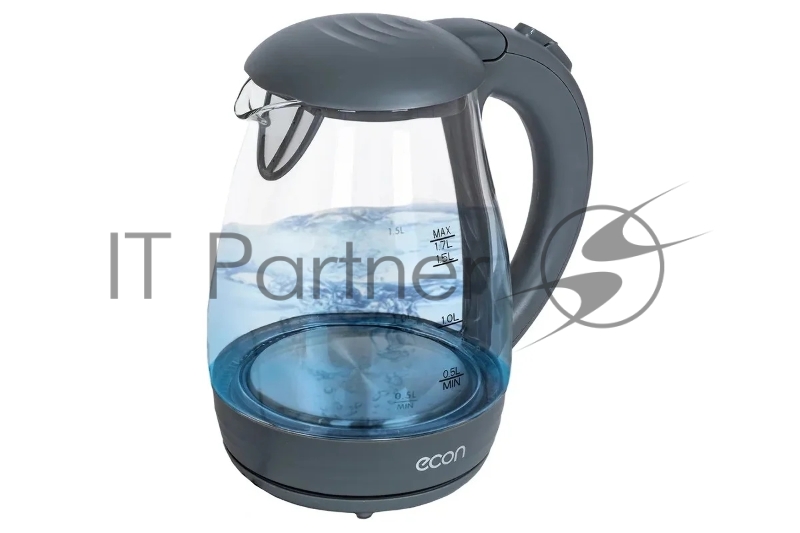 Чайник стеклянный ECO-1739KE, Дисковый нагревательный элемент, Емкость 1,7 литра, Мощность 2200 Вт, LED Подсветка, Фильтр от накипи, Автоматическое отключение при закипании, Защита от включения без воды, Цвет корпуса: графит