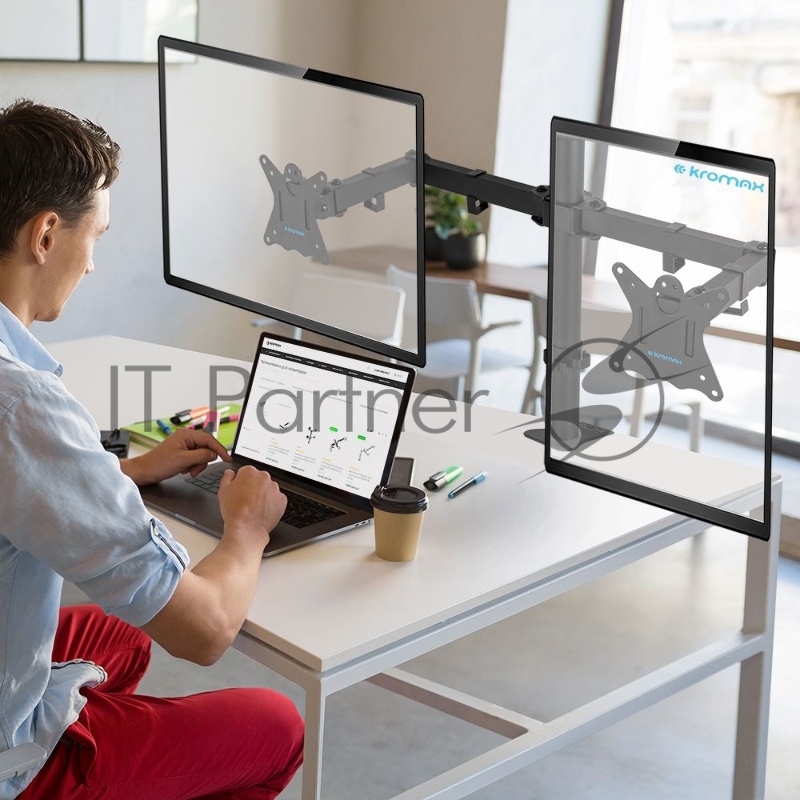 Кронштейн для монитора Kromax CASPER-508 black 4 шт/уп. 10-32, max 2x10 кг, 6 ст св., нак. ±80°, пов. 360°, max VESA 100x100 мм.