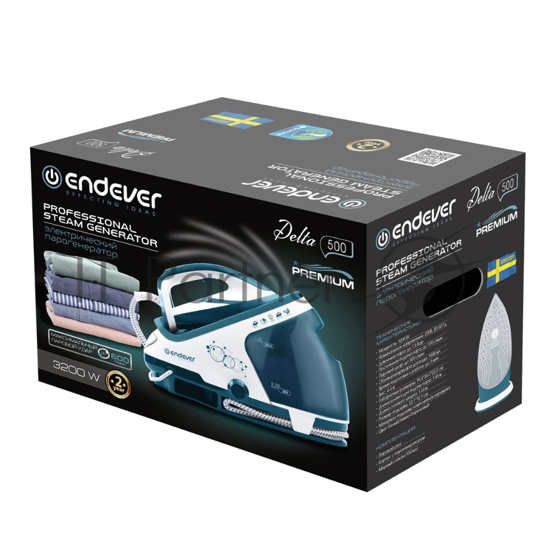Парогенератор электрический ENDEVER Delta-500, белый/темно-бирюзовый, мощность 3200 Вт, подача пара 170 г/мин, макс. пар удар до 600 г/мин, 1 шт/уп