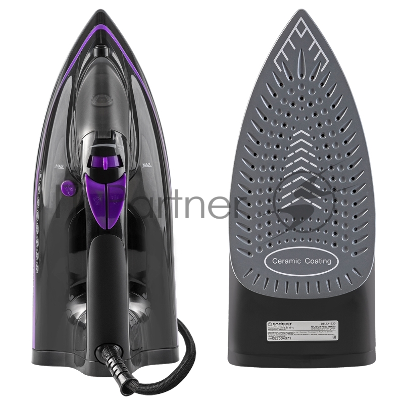 Утюг электрический Endever Delta-230 черный/фиолетовый, мощность 2800 Вт, подача пара 60 г/мин, паровой удар 160 г/мин, 10 шт/уп