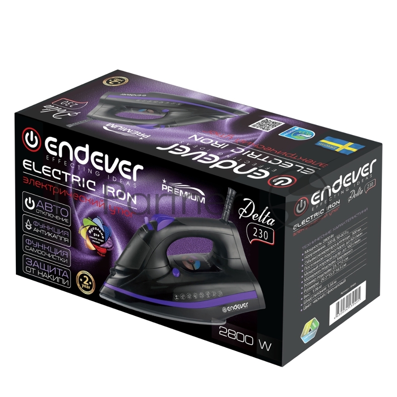 Утюг электрический Endever Delta-230 черный/фиолетовый, мощность 2800 Вт, подача пара 60 г/мин, паровой удар 160 г/мин, 10 шт/уп