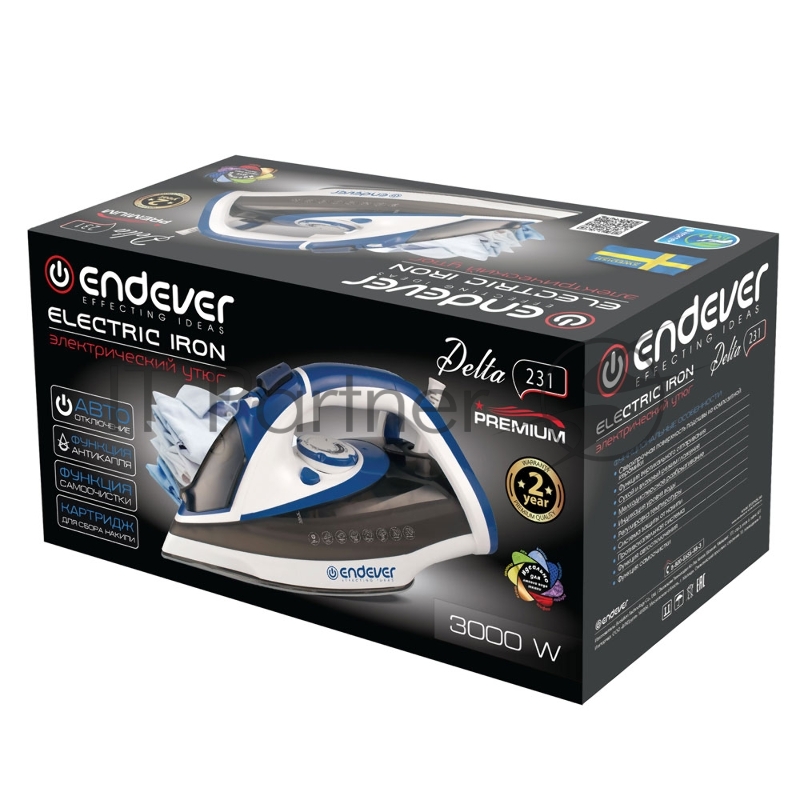 Утюг электрический Endever Delta-231, белый/синий/черный, Мощность 3000 Вт, Подача пара до 75 г/мин, Паровой удар до 190 г/мин, 10 шт/уп