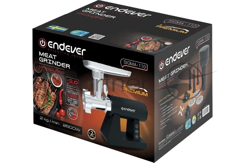 Мясорубка электрическая Endever Sigma-110, мощность 2600 Вт, черный, производительность до 2 кг/мин, функция реверс, 2 шт/уп