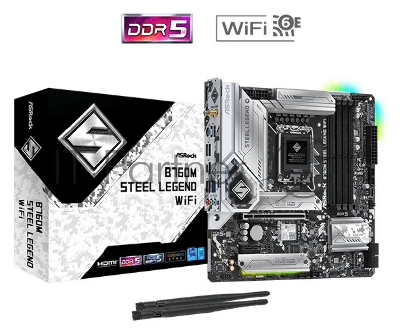 Материнская плата ASRock B760M STEEL LEGEND WIFI, Socket 1700, Intel®B760, 4xDDR5-4800, HDMI+DP, 1xPCI-Ex16, 1xPCI-Ex1, 4xSATA3(RAID 0/1/5/10), 3xM.2, 8 Ch Audio, 1x2.5GLan, WiFi, (2+4)xUSB2.0, (5+2)xUSB3.2, (1+1)xUSB3.2 Type-C™, 1xPS/2, mATX, RTL {