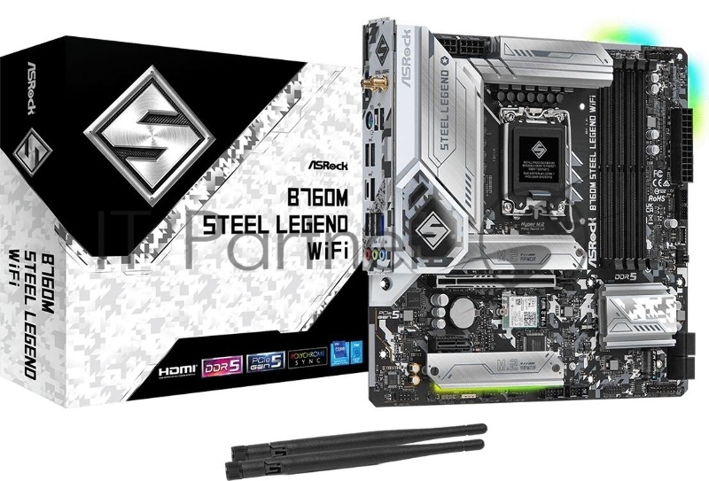 Материнская плата ASRock B760M STEEL LEGEND WIFI, Socket 1700, Intel®B760, 4xDDR5-4800, HDMI+DP, 1xPCI-Ex16, 1xPCI-Ex1, 4xSATA3(RAID 0/1/5/10), 3xM.2, 8 Ch Audio, 1x2.5GLan, WiFi, (2+4)xUSB2.0, (5+2)xUSB3.2, (1+1)xUSB3.2 Type-C™, 1xPS/2, mATX, RTL {