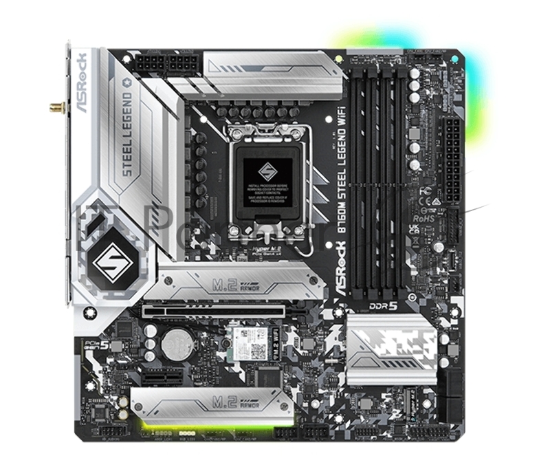 Материнская плата ASRock B760M STEEL LEGEND WIFI, Socket 1700, Intel®B760, 4xDDR5-4800, HDMI+DP, 1xPCI-Ex16, 1xPCI-Ex1, 4xSATA3(RAID 0/1/5/10), 3xM.2, 8 Ch Audio, 1x2.5GLan, WiFi, (2+4)xUSB2.0, (5+2)xUSB3.2, (1+1)xUSB3.2 Type-C™, 1xPS/2, mATX, RTL {