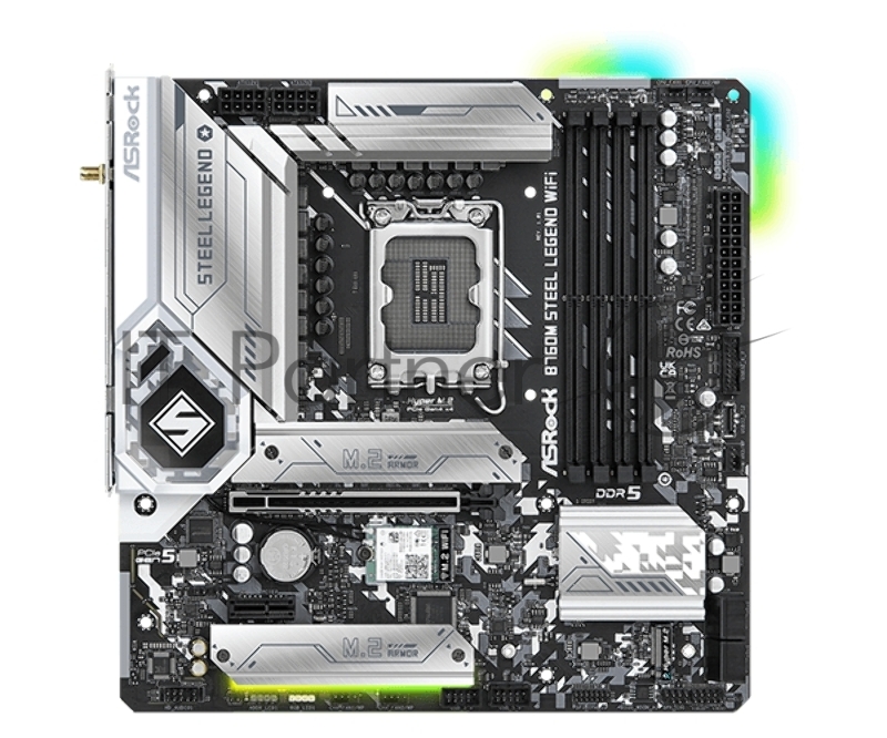 Материнская плата ASRock B760M STEEL LEGEND WIFI, Socket 1700, Intel®B760, 4xDDR5-4800, HDMI+DP, 1xPCI-Ex16, 1xPCI-Ex1, 4xSATA3(RAID 0/1/5/10), 3xM.2, 8 Ch Audio, 1x2.5GLan, WiFi, (2+4)xUSB2.0, (5+2)xUSB3.2, (1+1)xUSB3.2 Type-C™, 1xPS/2, mATX, RTL {