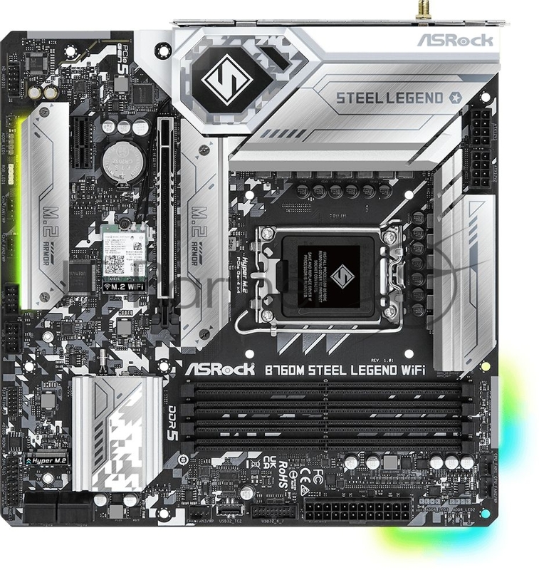 Материнская плата ASRock B760M STEEL LEGEND WIFI, Socket 1700, Intel®B760, 4xDDR5-4800, HDMI+DP, 1xPCI-Ex16, 1xPCI-Ex1, 4xSATA3(RAID 0/1/5/10), 3xM.2, 8 Ch Audio, 1x2.5GLan, WiFi, (2+4)xUSB2.0, (5+2)xUSB3.2, (1+1)xUSB3.2 Type-C™, 1xPS/2, mATX, RTL {