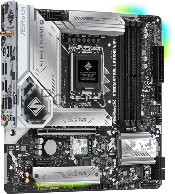 Материнская плата ASRock B760M STEEL LEGEND WIFI, Socket 1700, Intel®B760, 4xDDR5-4800, HDMI+DP, 1xPCI-Ex16, 1xPCI-Ex1, 4xSATA3(RAID 0/1/5/10), 3xM.2, 8 Ch Audio, 1x2.5GLan, WiFi, (2+4)xUSB2.0, (5+2)xUSB3.2, (1+1)xUSB3.2 Type-C™, 1xPS/2, mATX, RTL {