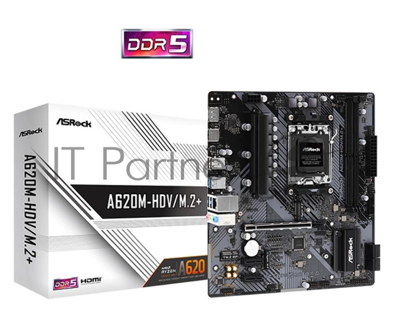 Материнская плата ASRock A620M-HDV/M.2+, Socket AM5, AMD A620, 2xDDR5-5200, HDMI+DP, 1xPCI-Ex16, 2xPCI-Ex1, 4xSATA3(RAID 0/1/10), 2xM.2, 8 Ch Audio, GLan, (2+4)xUSB2.0, (3+2)xUSB3.2, (1+1)xUSB3.2 Type-C™, mATX, RTL {}
