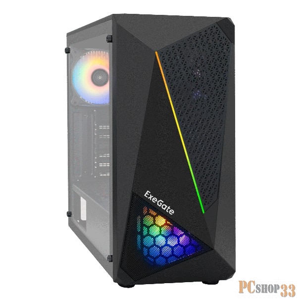Корпус Miditower ExeGate EVO-8225-EVO800 (ATX, БП EVO800RGB с вент. 12см, 2*USB+1*USB3.0, черный, 2 вент. с RGB подсветкой и полоса на передней панели, боковая панель - закаленное стекло)