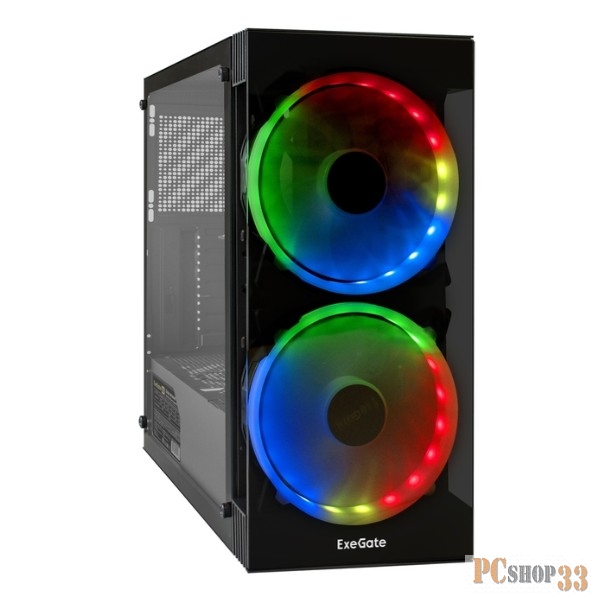 Корпус Miditower ExeGate i3 MATRIX-EVO800 (ATX, EVO800RGB 12см, 2*USB+1*USB3.0, HD аудио, черный, 2 вент. 18см с RGB подсветкой, пылевые фильтры, передняя и боковая панели - закаленное стекло)
