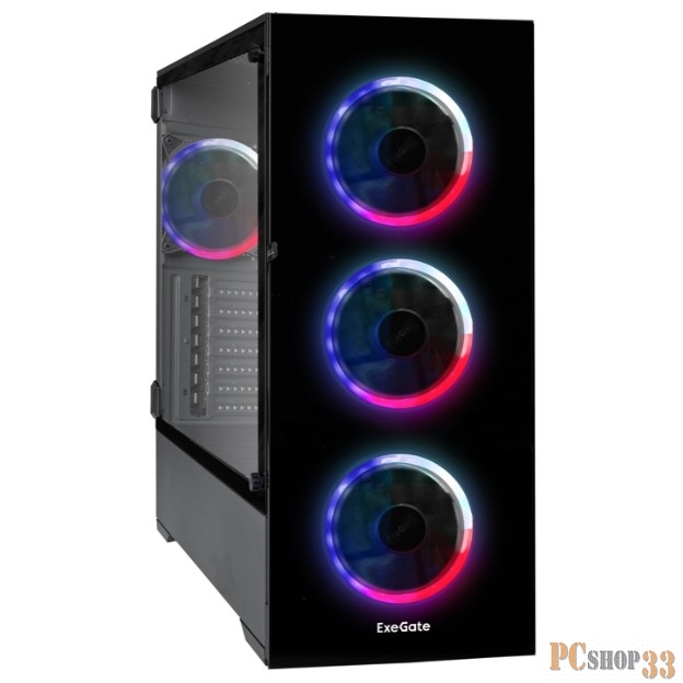 Корпус Miditower ExeGate i3 MAX-EVO800 (eATX, EVO800RGB 12см, 2*USB+1*USB3.0, HD аудио, черный, 4 вент. 12см с RGB подсветкой, контроллер + ПДУ, ARGB MB кабель, пылевые фильтры, передняя и боковая панели - закаленное стекло)