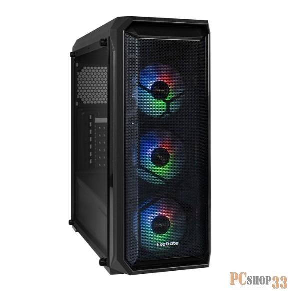 Корпус Miditower ExeGate i3 NEO-EVO800 (ATX, EVO800RGB 12см, 2*USB+1*USB3.0, HD аудио, черный, 3 вент. 12см с RGB подсветкой, контроллер + ПДУ, ARGB MB кабель, пылевые фильтры, боковая панель - закаленное стекло)