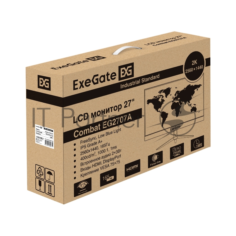 Монитор игровой 165 Гц 27 ExeGate Combat EG2707A (IPS LED Grade A+, 2K, 2560x1440@165Гц, 16:9, 400cd/m2, 1000:1, 178°/178°, 1ms, Speakers, 2xHDMI1.4, DisplayPort, USB, аудио-выход, Flicker-free, FreeSync, Low Blue Light, кабель HDMI 1.5м, VESA, регул