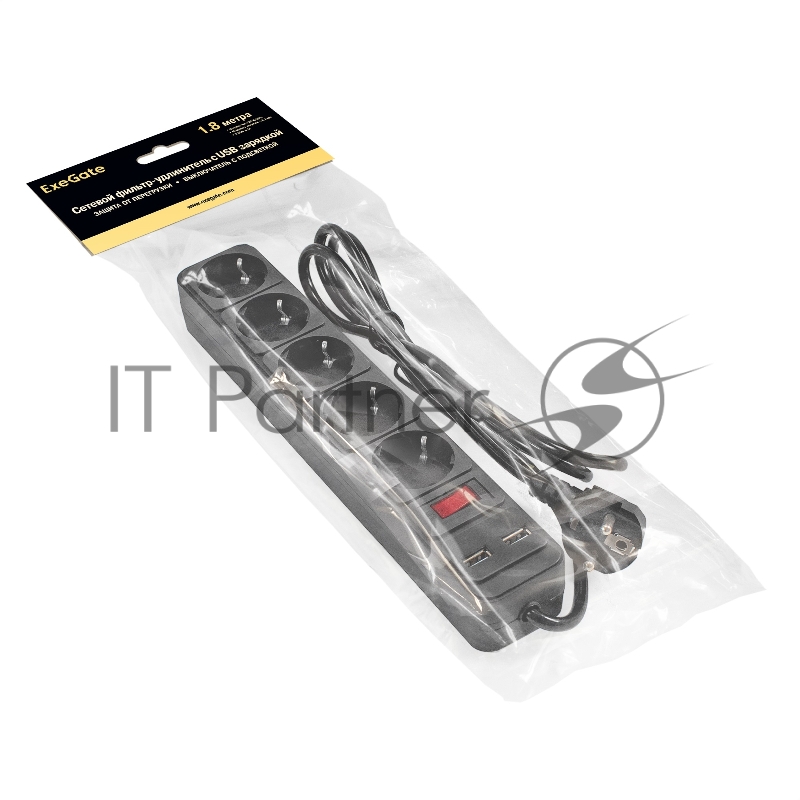 Сетевой фильтр-удлинитель с USB зарядкой ExeGate SP-5-USB-1.8B (5 евророзеток с заземлением, 2 USB-A 2A, 1.8м, защита от перегрузки, выключатель с подсветкой, черный)