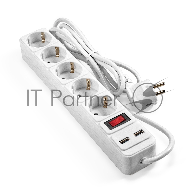 Сетевой фильтр-удлинитель с USB зарядкой ExeGate SP-5-USB-1.8W (5 евророзеток с заземлением, 2 USB-A 2A, 1.8м, защита от перегрузки, выключатель с подсветкой, белый)