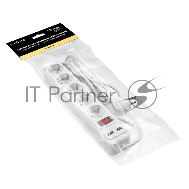 Сетевой фильтр-удлинитель с USB зарядкой ExeGate SP-5-USB-1.8W (5 евророзеток с заземлением, 2 USB-A 2A, 1.8м, защита от перегрузки, выключатель с подсветкой, белый)