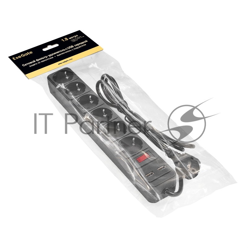 Сетевой фильтр-удлинитель с USB зарядкой ExeGate SP-6-USB-1.8B (6 евророзеток с заземлением, 2 USB-A 2A, 1.8м, защита от перегрузки, выключатель с подсветкой, черный)