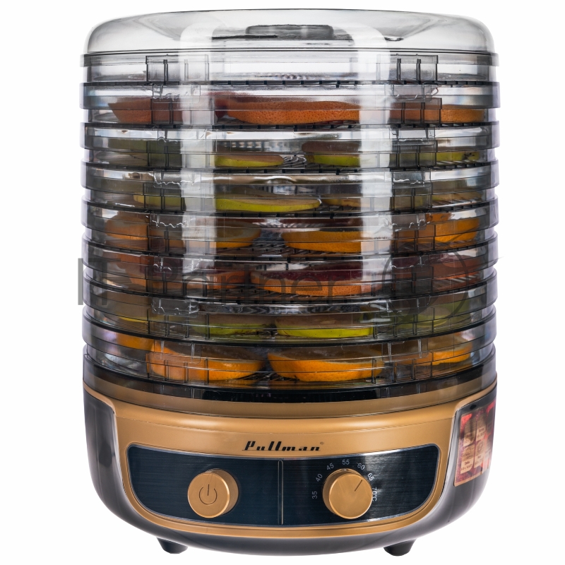 Сушилка для овощей 3в1 с функциями приготовления йогурта и десертов Pullman PL-2280 черно-золот. 8 тонир. поддонов + 2 поддона для пастилы в подарок