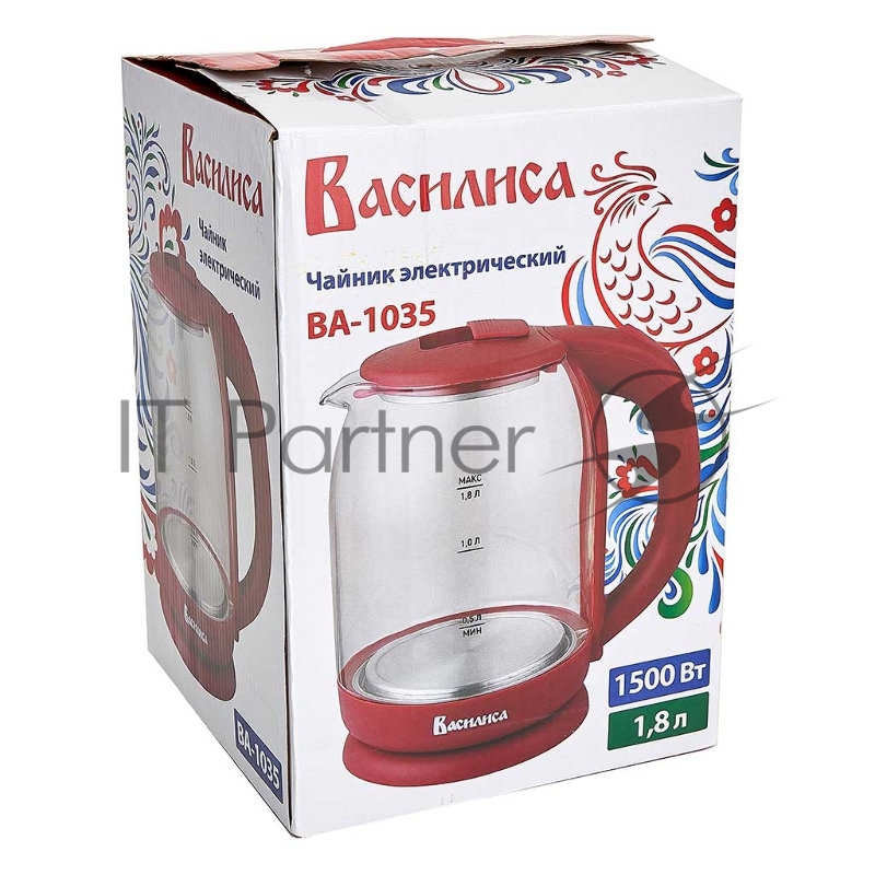Чайник электрический ВАСИЛИСА ВА-1035 1,8л, стекло, бордовый, 1500 Вт(12)