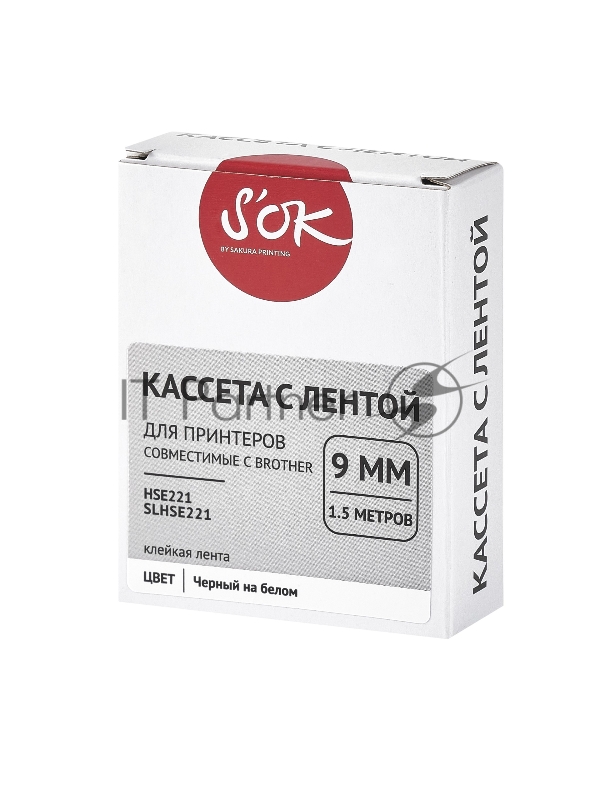 Кассета с лентой SOK by Sakura Printing HSe-221 для Brother, черный на белом, 9мм/1.5м , наклейка