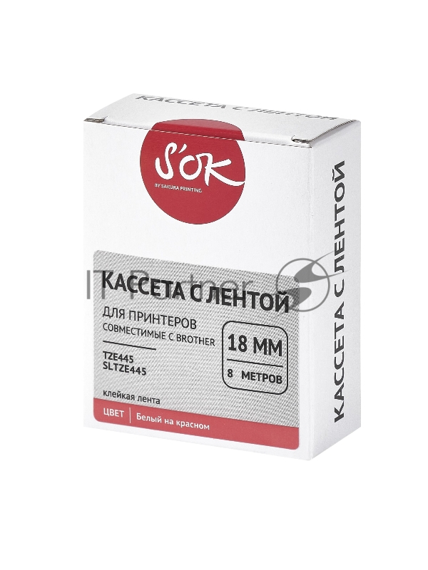 Кассета с лентой SOK by Sakura Printing TZE445 для Brother, белый на красном, 18мм/8м , наклейка