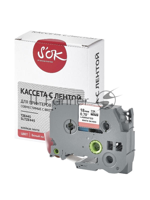 Кассета с лентой SOK by Sakura Printing TZE445 для Brother, белый на красном, 18мм/8м , наклейка