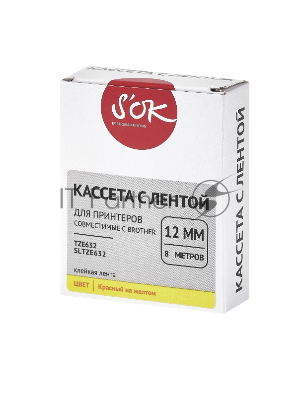 Кассета с лентой SOK by Sakura Printing TZE632 для Brother, красный на желтом, 12мм/8м , наклейка