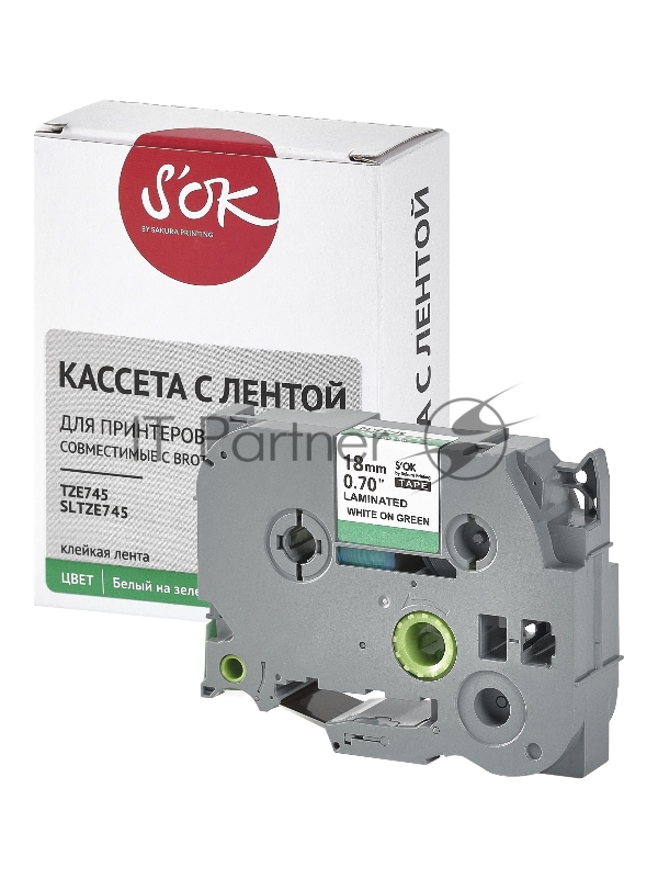Кассета с лентой SOK by Sakura Printing TZE745 для Brother, белый на зеленом, 18мм/8м , наклейка