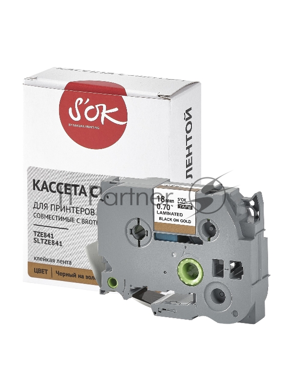 Кассета с лентой SOK by Sakura Printing TZE841 для Brother, черный на золотом, 18мм/8м , наклейка