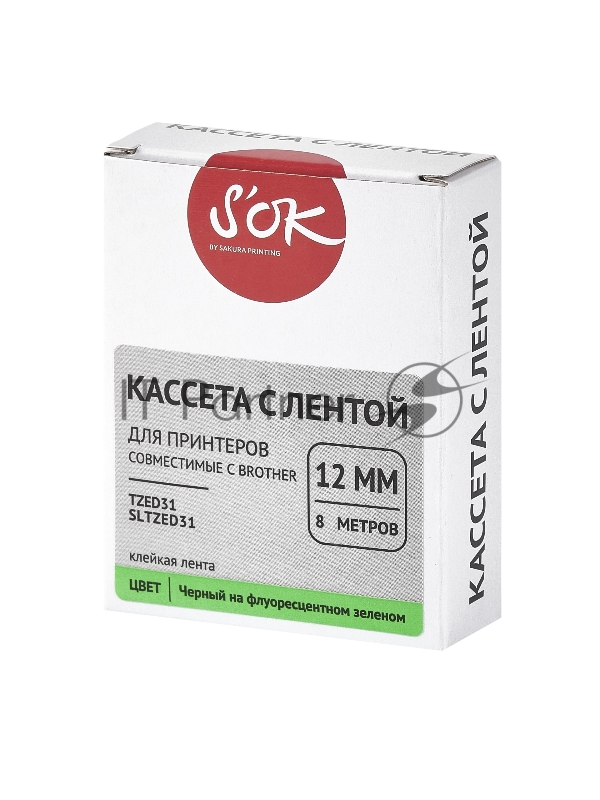 Кассета с лентой SOK by Sakura Printing TZED31 для Brother, черный на зеленом, 12мм/8м , наклейка