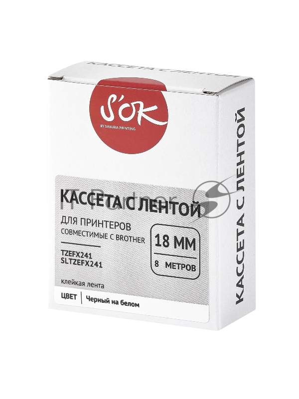 Кассета с лентой SOK by Sakura Printing TZEFX241 для Brother, черный на белом, 18мм/8м , наклейка