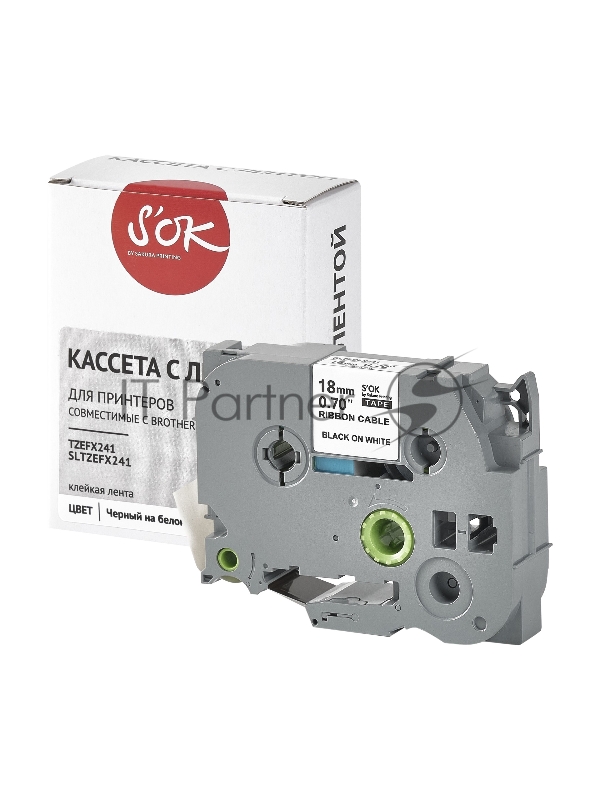 Кассета с лентой SOK by Sakura Printing TZEFX241 для Brother, черный на белом, 18мм/8м , наклейка