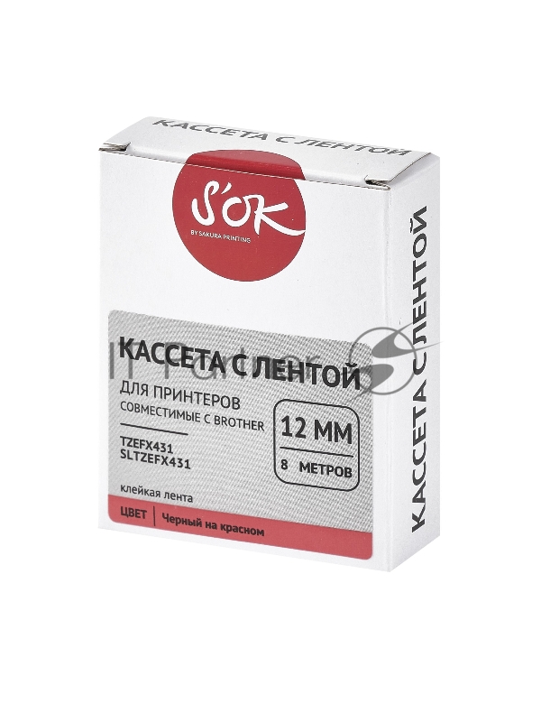 Кассета с лентой SOK by Sakura Printing TZEFX431 для Brother, черный на красном, 12мм/8м , наклейка