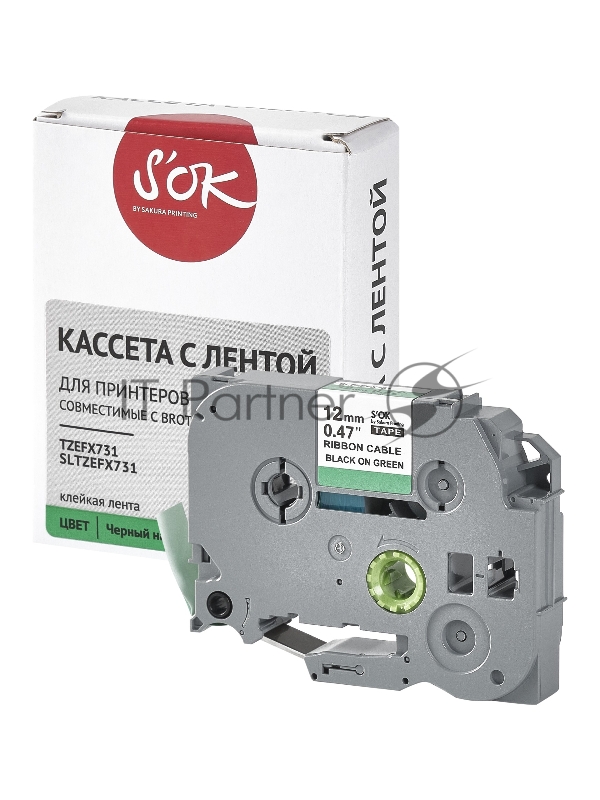 Кассета с лентой SOK by Sakura Printing TZEFX731 для Brother, черный на зеленом, 12мм/8м , наклейка