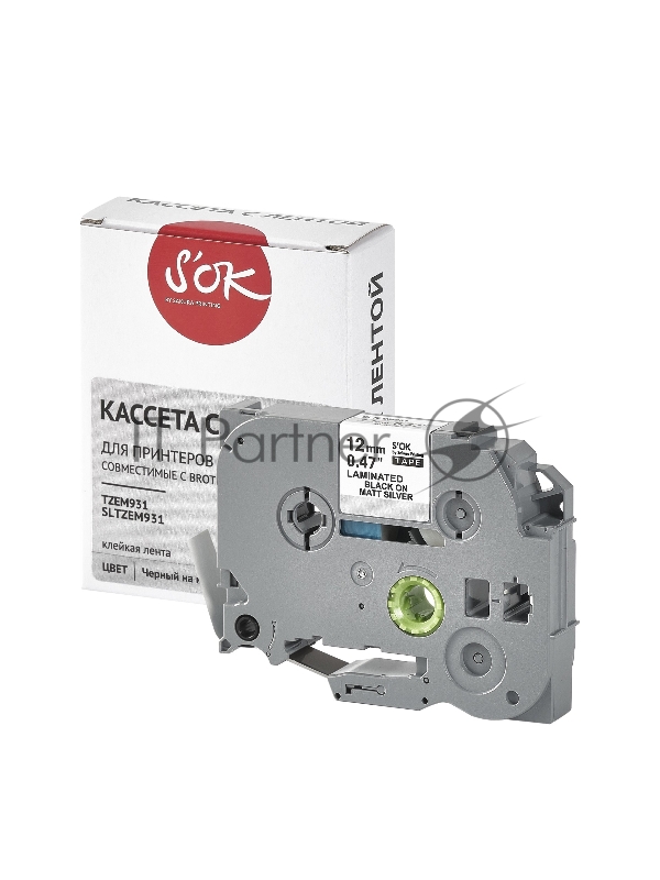 Кассета с лентой SOK by Sakura Printing TZEM931 для Brother, черный на матовом серебре, 12мм/8м , наклейка
