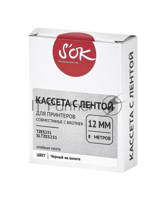 Кассета с лентой SOK by Sakura Printing TZES231 для Brother, черный на белом, 12мм/8м , наклейка